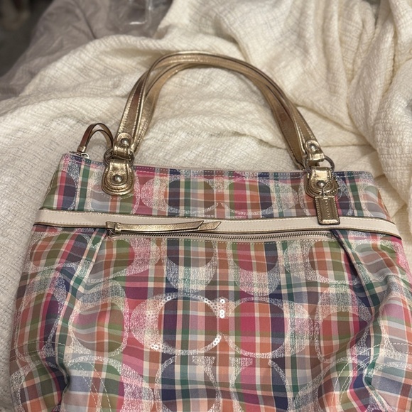 Coach Plaid Tote Bag with Gold Handles Hampton weekend patchwork - Picture 1 of 6